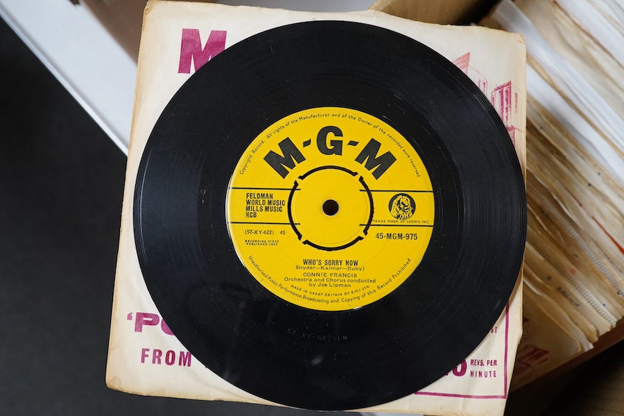 Four boxes of 7 inch singles, all on Decca, MGM and Parlophone record labels, artists include; Connie Francis, Jackie Dennis, Tommy Steele the Southlanders, the Goons the Rolling Stones, Dave Berry, the Fortunes, Billy F